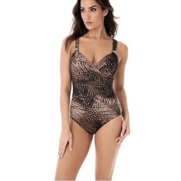 Miraclesuit Tigris Siren Underwire Swimsuit Savannah Brown (Leopard/Leaf Print) - Picture 1 of 12